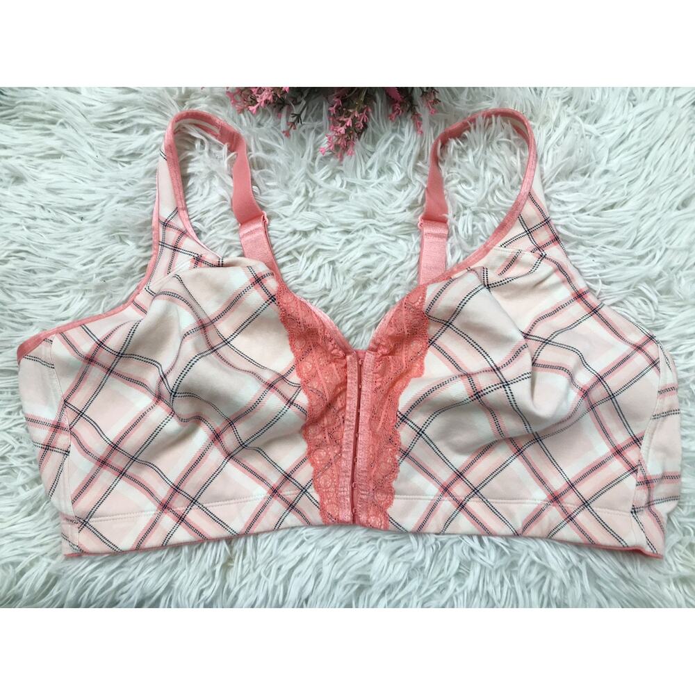 Plus Catherines 50DD Wire Free Front Closes Plaid Pink Comfort Unlined Bra